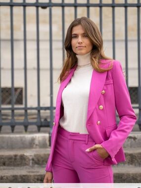 Fuchsia Double-Breasted Blazer with Gold Buttons